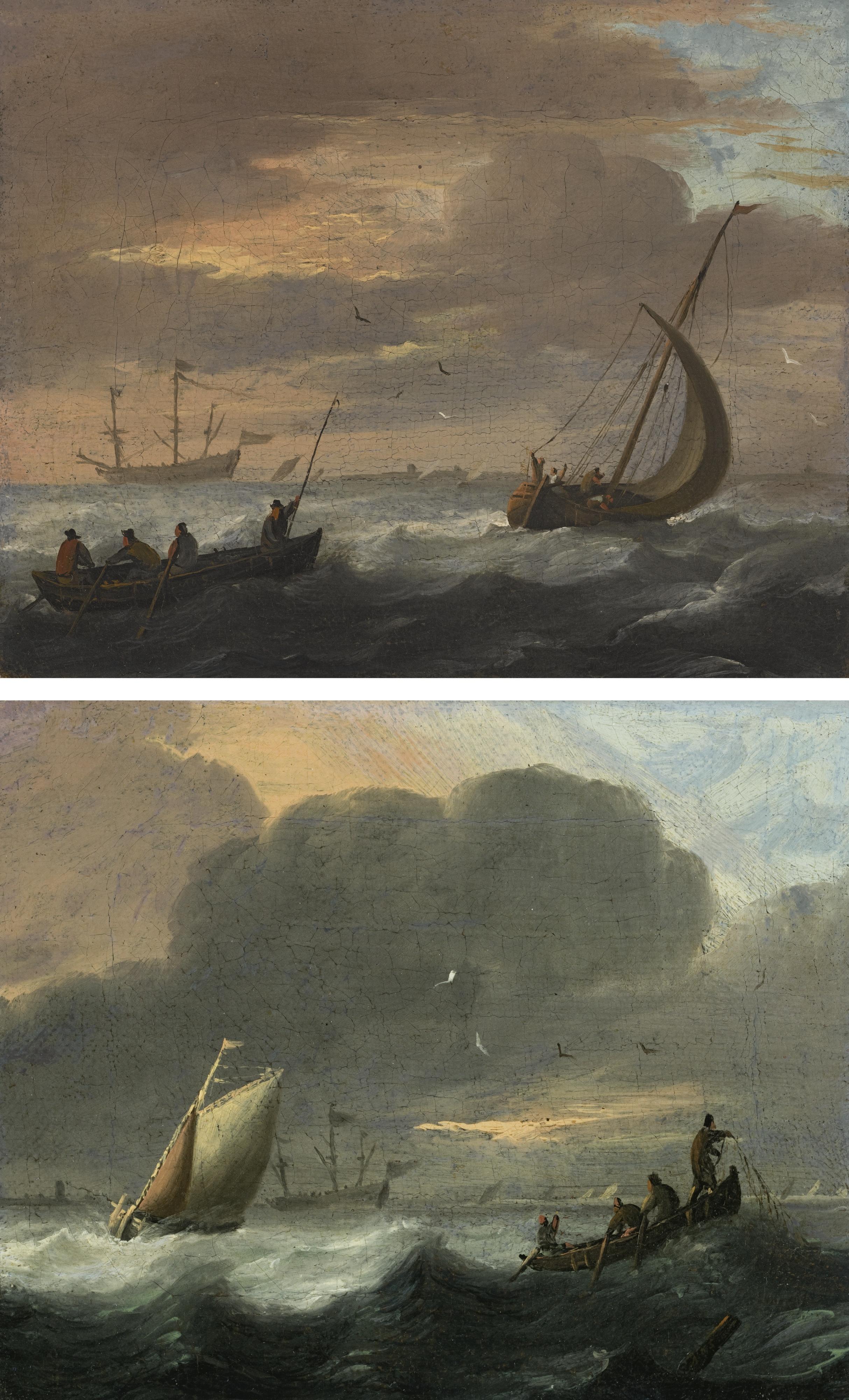 Abraham Susenier - A Small Vessel Running Before A Stiff Breeze In A Choppy Sea And Lowering Sail, And A Rowing Boat; A Smalschip Close Hauled And Fishermen In A Rowing Boat Pulling In Nets In A Choppy Sea