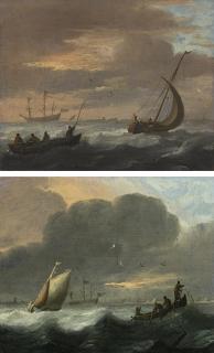 Abraham Susenier - A Small Vessel Running Before A Stiff Breeze In A Choppy Sea And Lowering Sail, And A Rowing Boat; A Smalschip Close Hauled And Fishermen In A Rowing Boat Pulling In Nets In A Choppy Sea