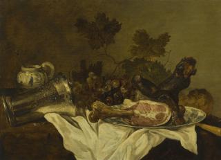 Abraham Susenier - Still Life With A Ham On A Wan-Li Kraak Dish, A Fallen Silver Beaker, A Mustard Jar And Grapes, All On A Table Draped With A White Cloth