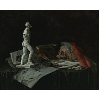 Abraham Susenier - Vanitas Still Life With A Skull, Feathers, An Overturned Roemer, A Sculpture And A Portfolio Of Drawings
