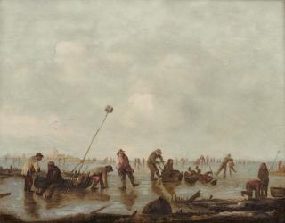 Abraham Susenier - Winterlandschaft mit Schlittschuhläufern und einer Stadt im Hintergrund