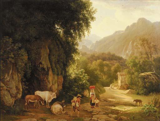 Abraham Teerlink - An Italianate landscape with travellers and peasants on a mountain track, others praying in front of a chapel beyond