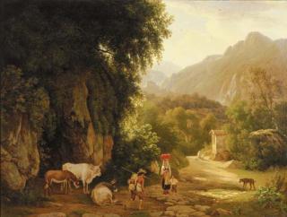 Abraham Teerlink - An Italianate landscape with travellers and peasants on a mountain track, others praying in front of a chapel beyond