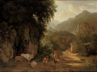 Abraham Teerlink - An Italianate landscape with travellers and peasants on a mountain track, others praying in front of a chapel