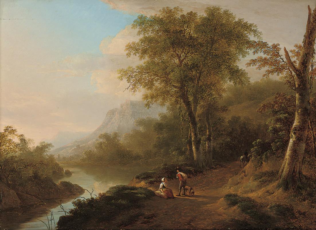 Abraham Teerlink - An Italianate river landscape with travellers on a track
