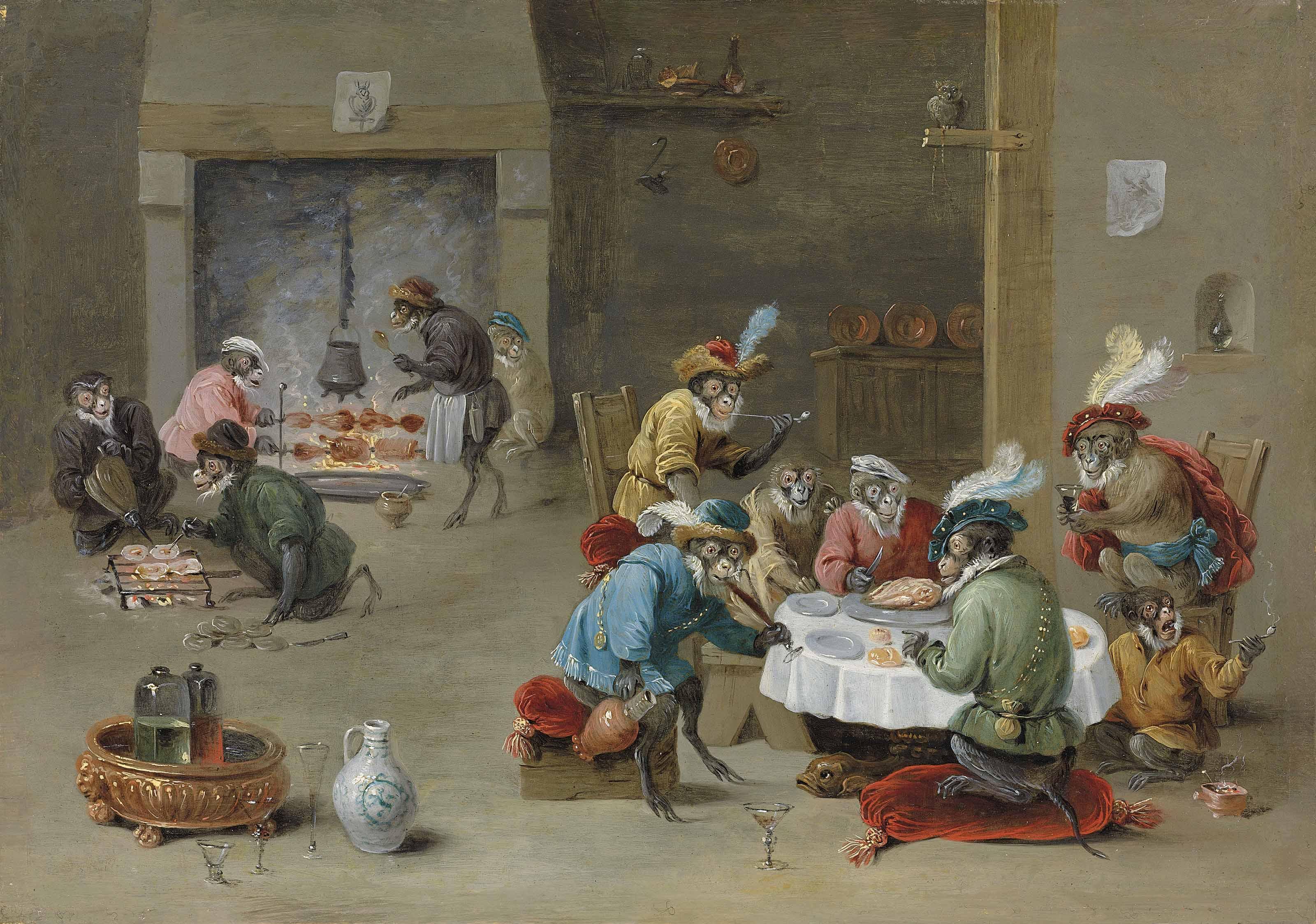 Abraham Teniers - Monkeys Smoking, Drinking And Preparing A Meal In A Kitchen
