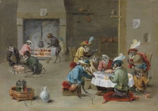Abraham Teniers - Monkeys Smoking, Drinking And Preparing A Meal In A Kitchen