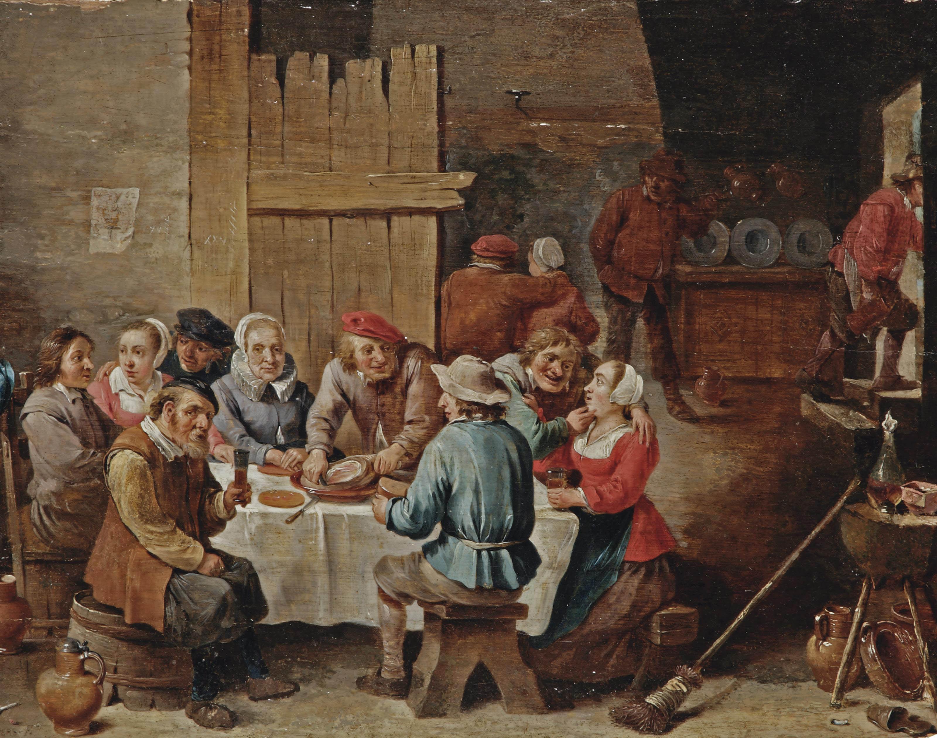 Abraham Teniers - Peasants eating and drinking in an interior