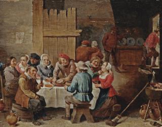 Abraham Teniers - Peasants eating and drinking in an interior