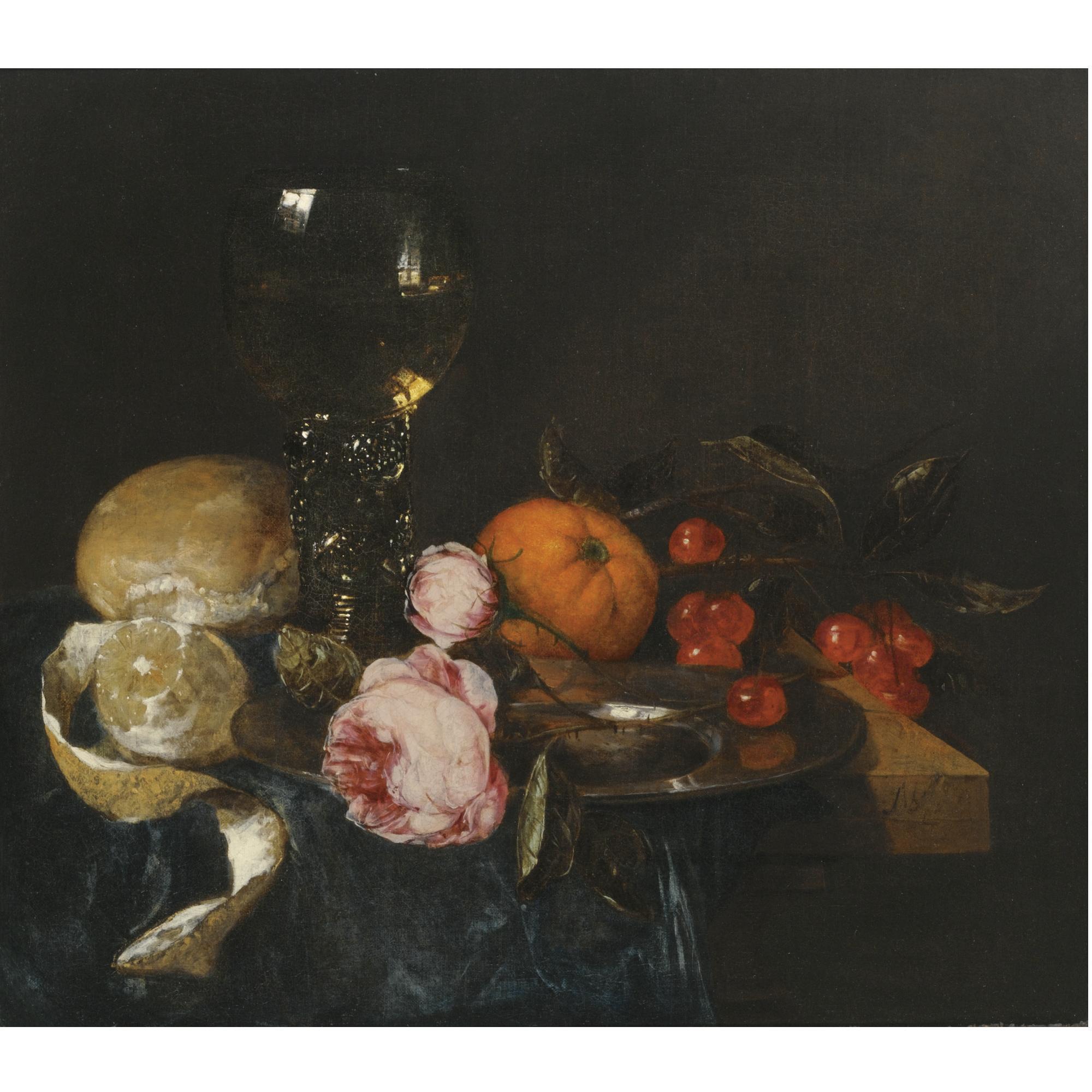 Abraham Van Beijeren - A Still Life With A Roemer, A Peeled Lemon, Bread, Roses On A Pewter Plate, An Orange And Cherries, All On A Draped Table