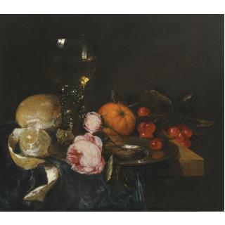 Abraham Van Beijeren - A Still Life With A Roemer, A Peeled Lemon, Bread, Roses On A Pewter Plate, An Orange And Cherries, All On A Draped Table