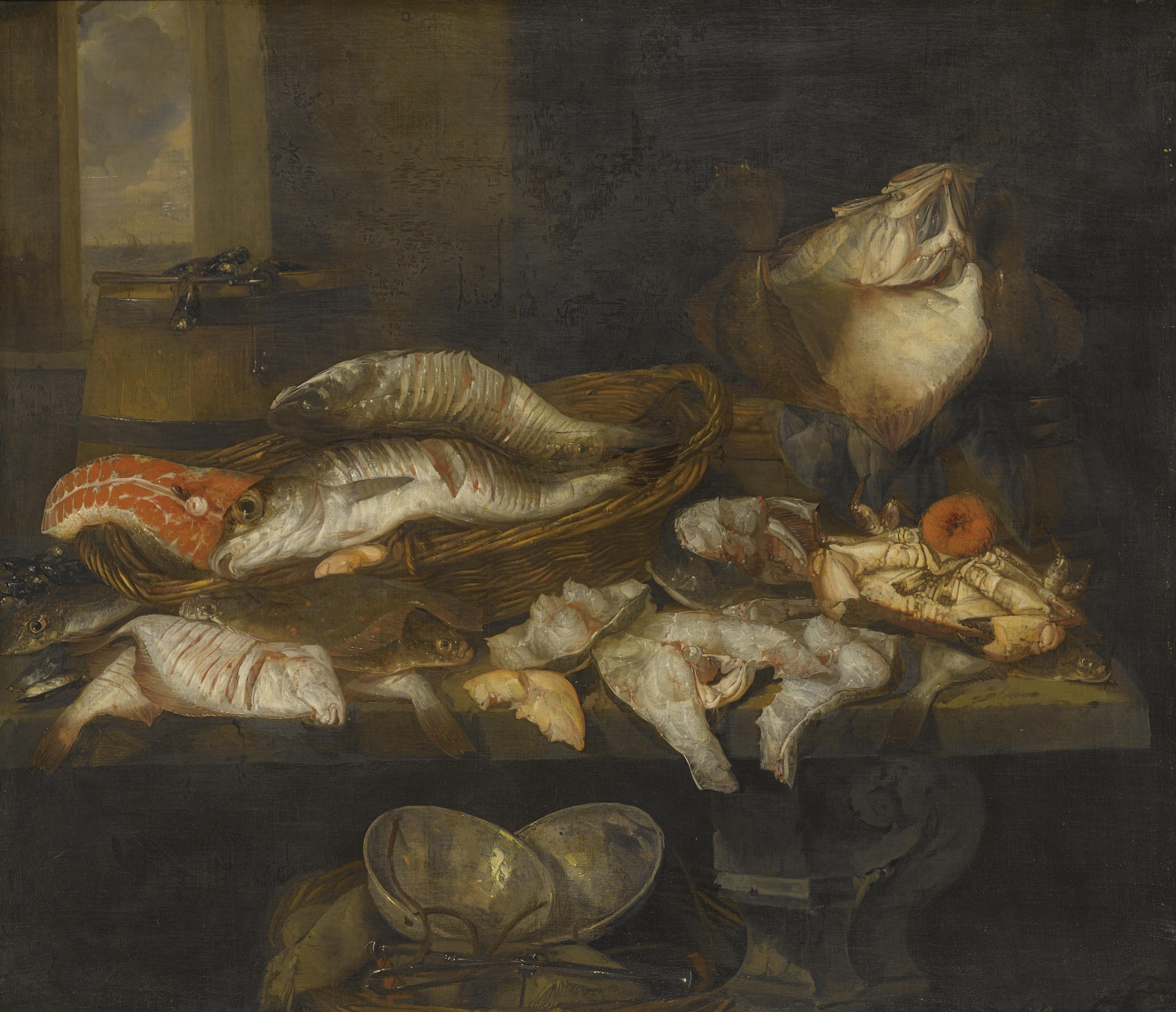 Abraham Van Beijeren - A Still Life With Salmon, Plaice, A Crab And Other Fish Arranged On A Table, A View Of The Sea Beyond