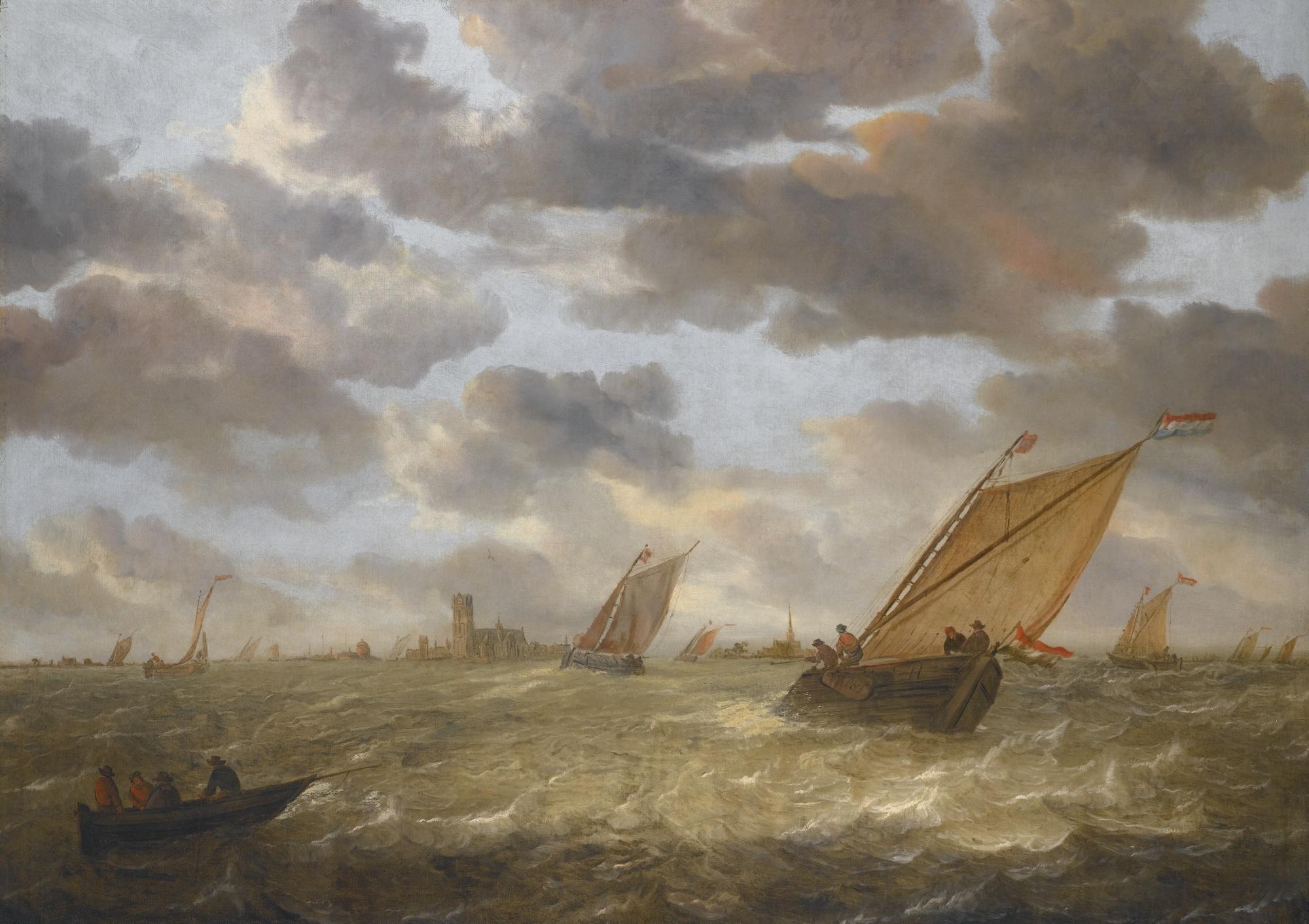 Abraham Van Beijeren - Dutch Shipping In A Stiff Breeze With A View Of Dordrecht Beyond