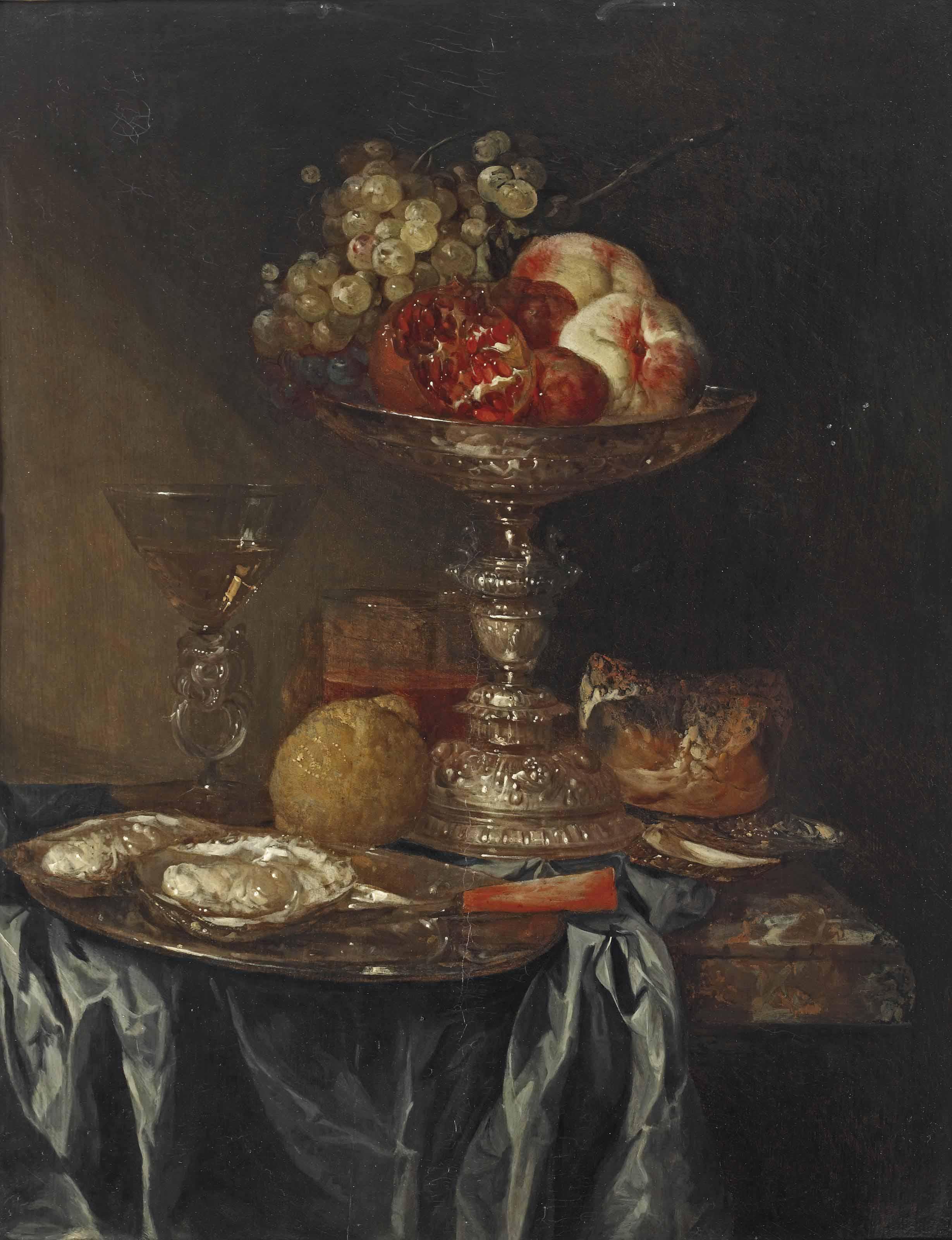 Abraham Van Beijeren - Grapes, pomegranates and peaches in a silver tazza, oysters on a pewter plate, a façon-de-venice glass with white wine, a glass of beer, a lemon and a bread roll, on a partially draped marble table