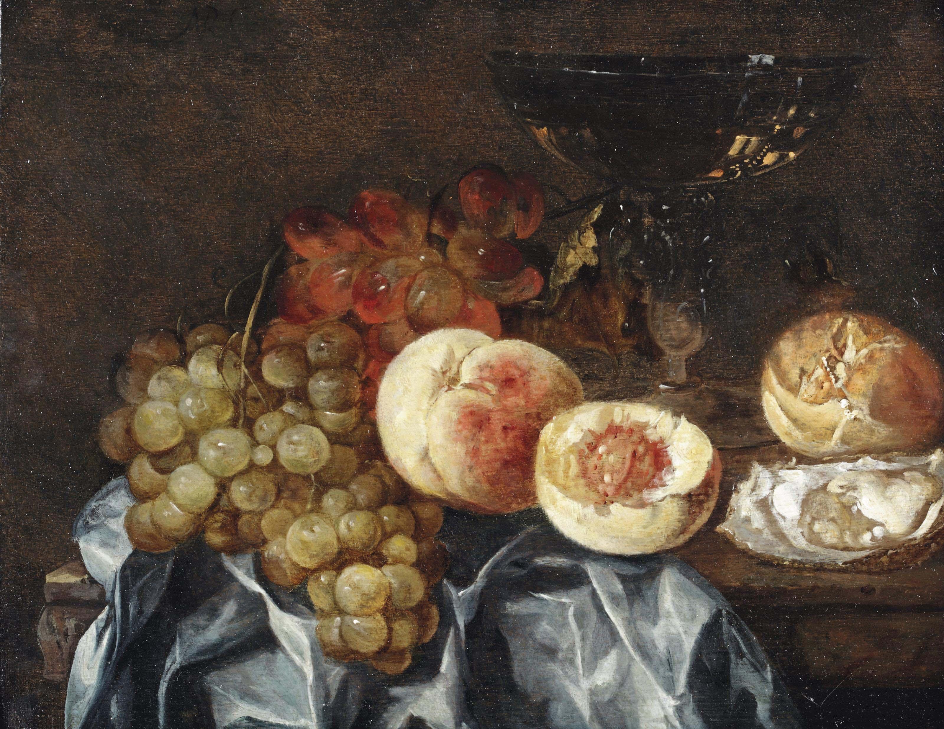 Abraham van Beijeren - Peaches, grapes, a wineglass, an oyster and a piece of bread, all on a partially draped marble ledge