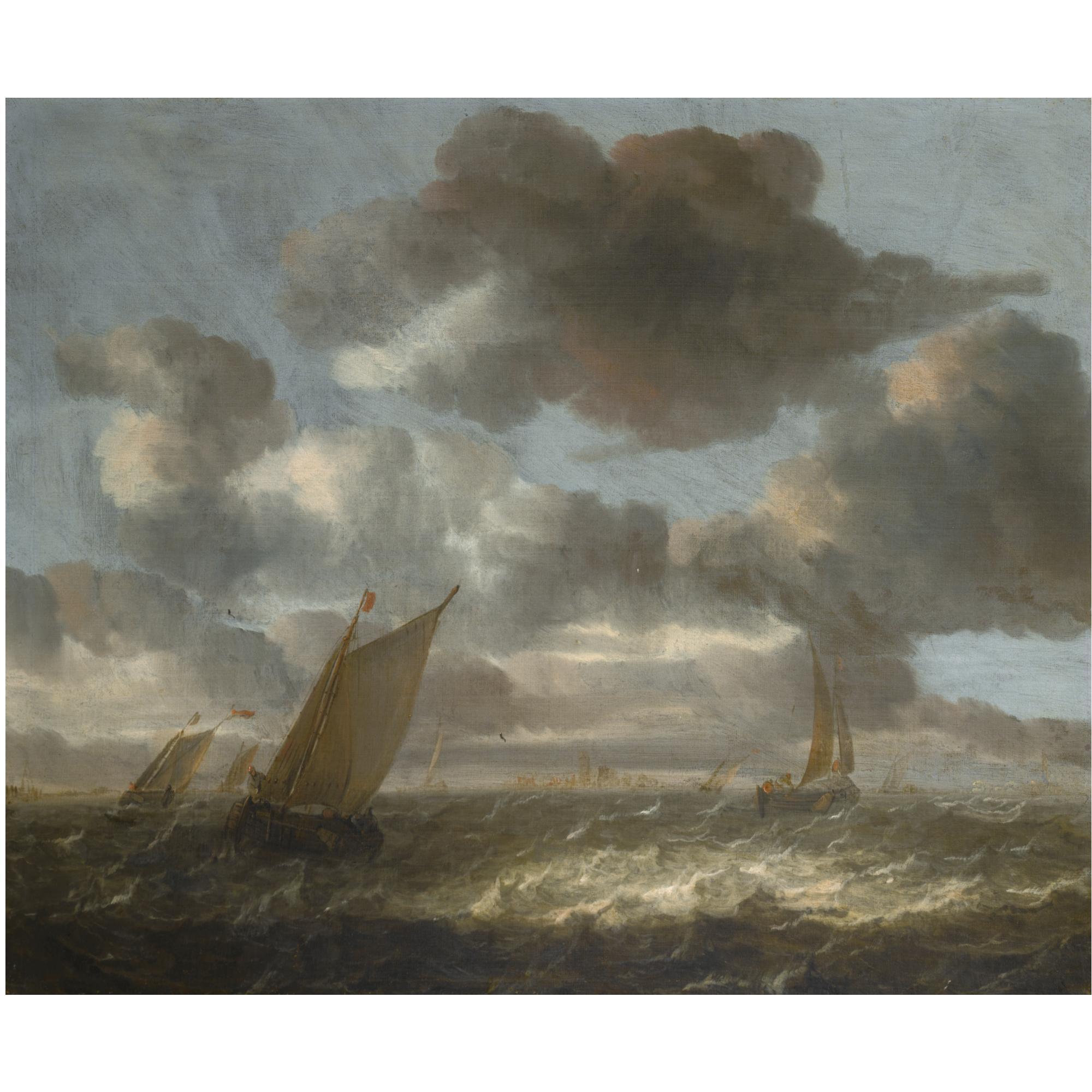 Abraham van Beijeren - Small Sailing Vessels In A Short Chop, A View Of A Town Beyond