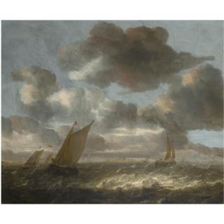 Abraham van Beijeren - Small Sailing Vessels In A Short Chop, A View Of A Town Beyond