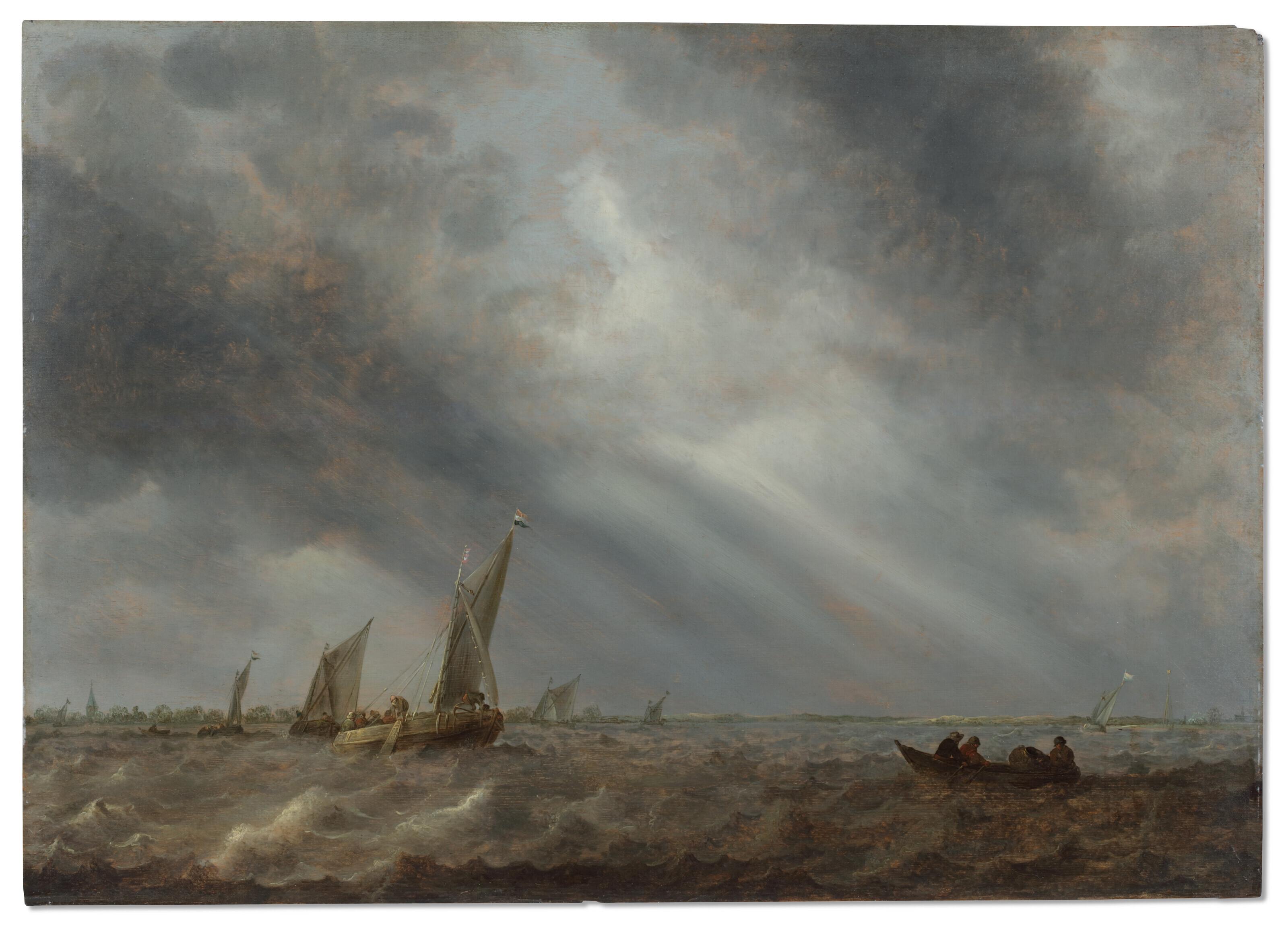 Abraham Van Beijeren - Various sailing vessels and a rowing boat with fishermen on choppy waters under a stormy sky