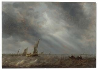 Abraham Van Beijeren - Various sailing vessels and a rowing boat with fishermen on choppy waters under a stormy sky