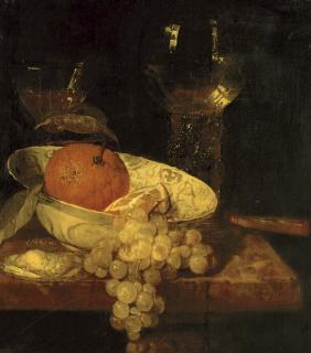 Abraham van Beyeren - A Roemer And A Façon de Venise, Oranges In A Wan-Li Kraak Porcelain Bowl, An Oyster, Grapes And A Knife On A Table