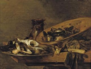 Abraham Van Beyeren - Mussels in pewter and earthenware plates with an upturned \'Roemer\', on a wooden table