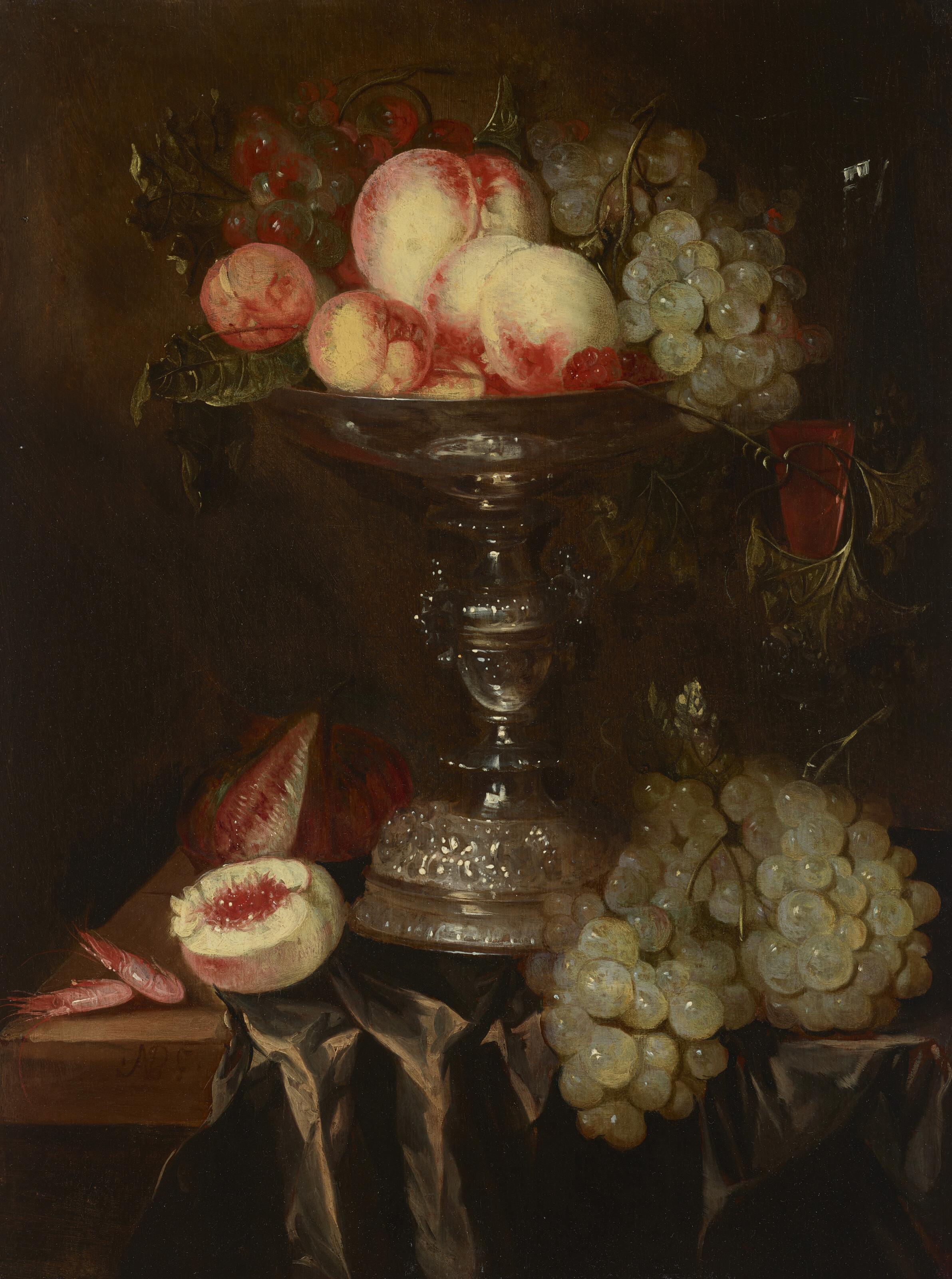 Abraham van Beyeren - Peaches and grapes in a tazza with a wine glass, prawns and figs on a table ledge