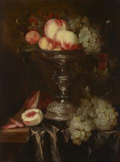 Abraham van Beyeren - Peaches and grapes in a tazza with a wine glass, prawns and figs on a table ledge