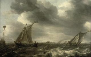 Abraham van Beyeren - Shipping in choppy waters, a town in the distance