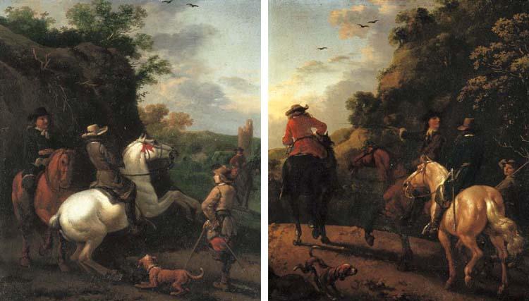 Abraham van Calraet - Huntsmen on horseback with a tower beyond; and Huntsmen on horseback in a landscape