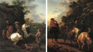 Abraham van Calraet - Huntsmen on horseback with a tower beyond; and Huntsmen on horseback in a landscape
