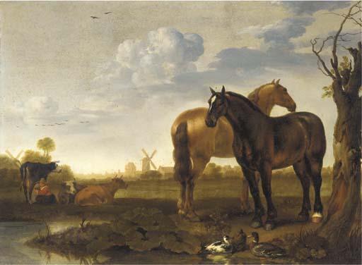 Abraham van Calraet - Two horses and a milkmaid with cows in a landscape with a pond, a view of a city beyond