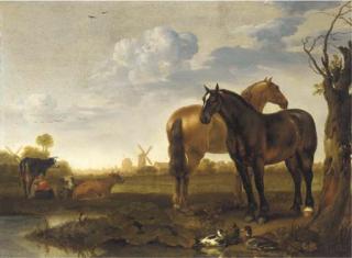 Abraham van Calraet - Two horses and a milkmaid with cows in a landscape with a pond, a view of a city beyond