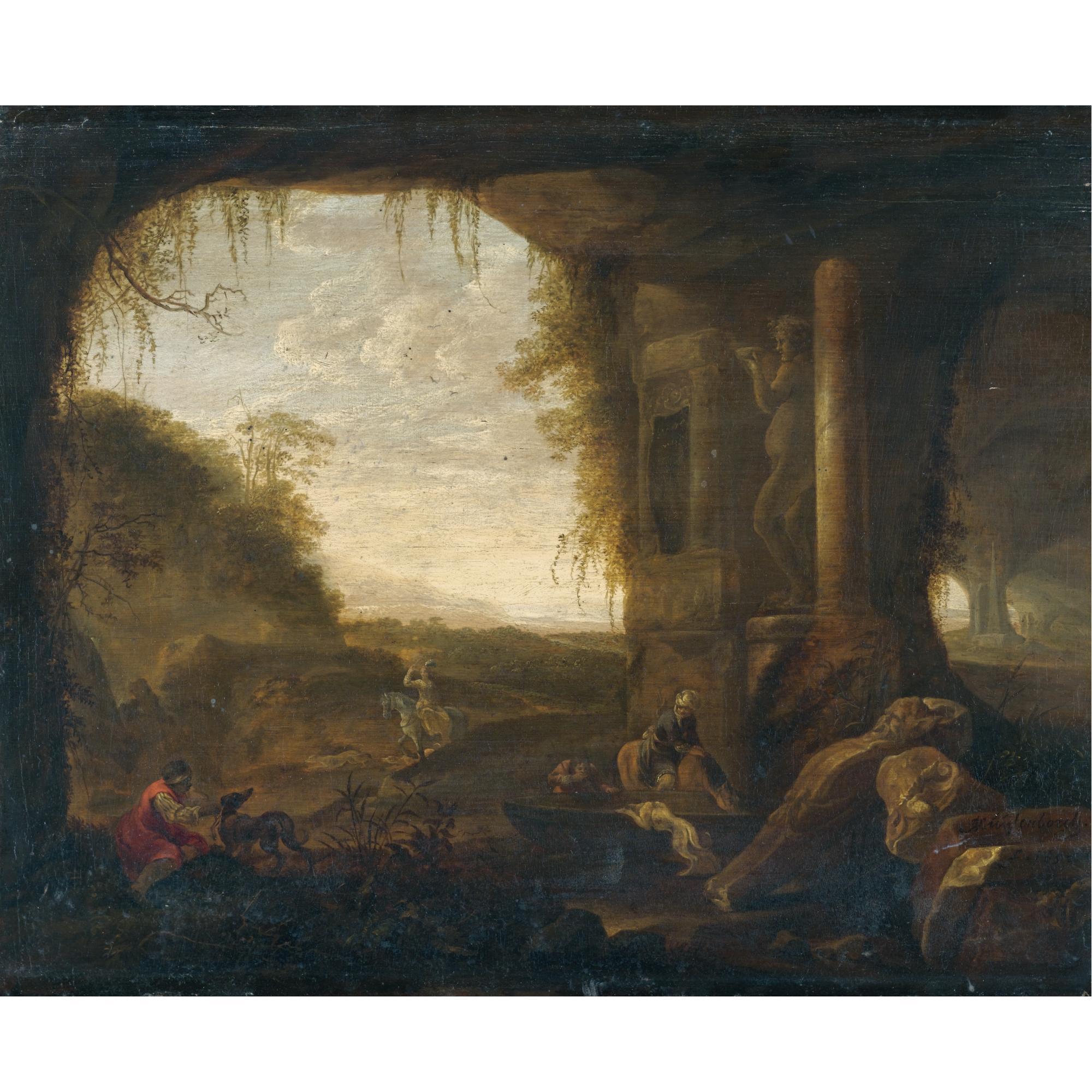 Abraham van Cuylenborch - A Landscape With Classical Ruins And Figures Drinking From A Fountain