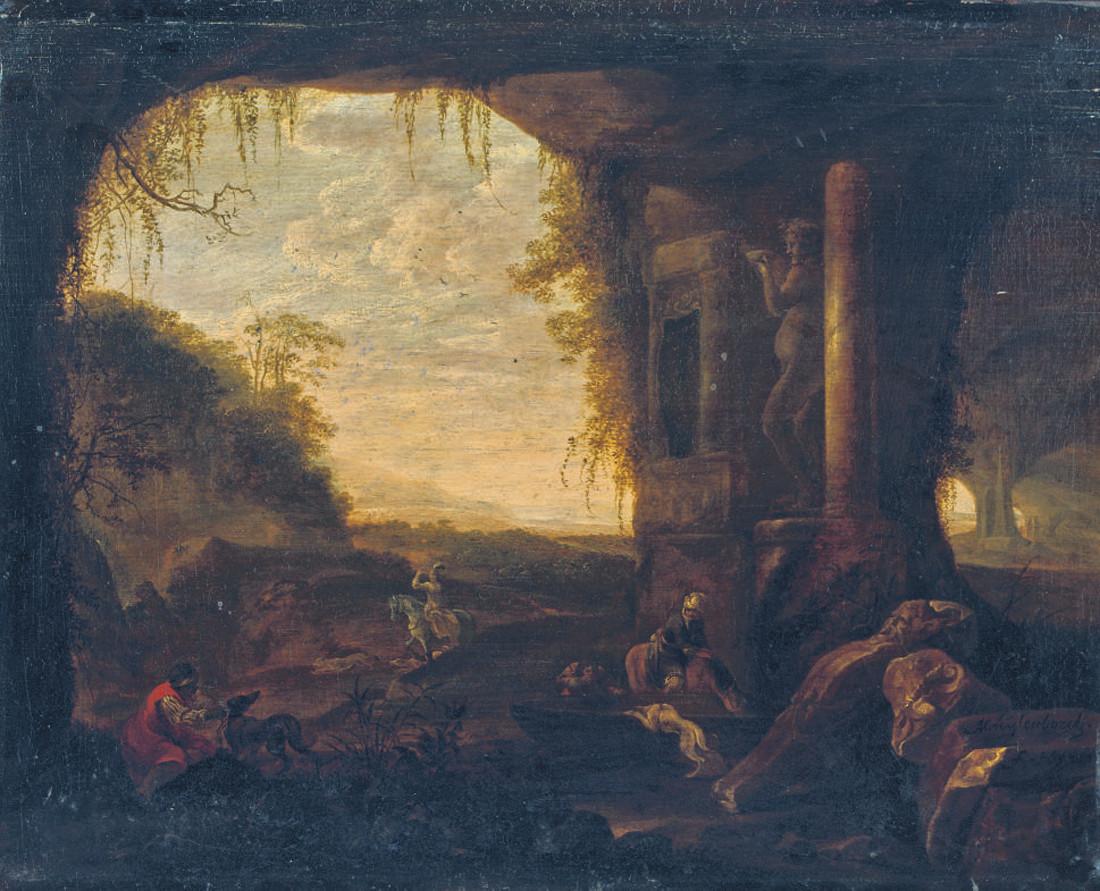 Abraham van Cuylenborgh - Travellers near a grotto by an ...
