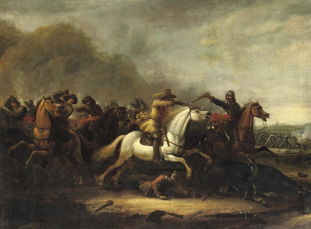 Abraham Van Der Hoef - A cavalry skirmish in a mountainous landscape