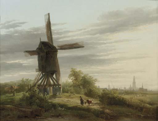 Abraham Van Der Wayen Pieterszen - A Spinnekopmolen in a meadow