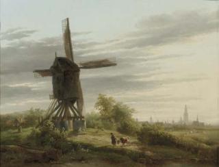 Abraham Van Der Wayen Pieterszen - A Spinnekopmolen in a meadow