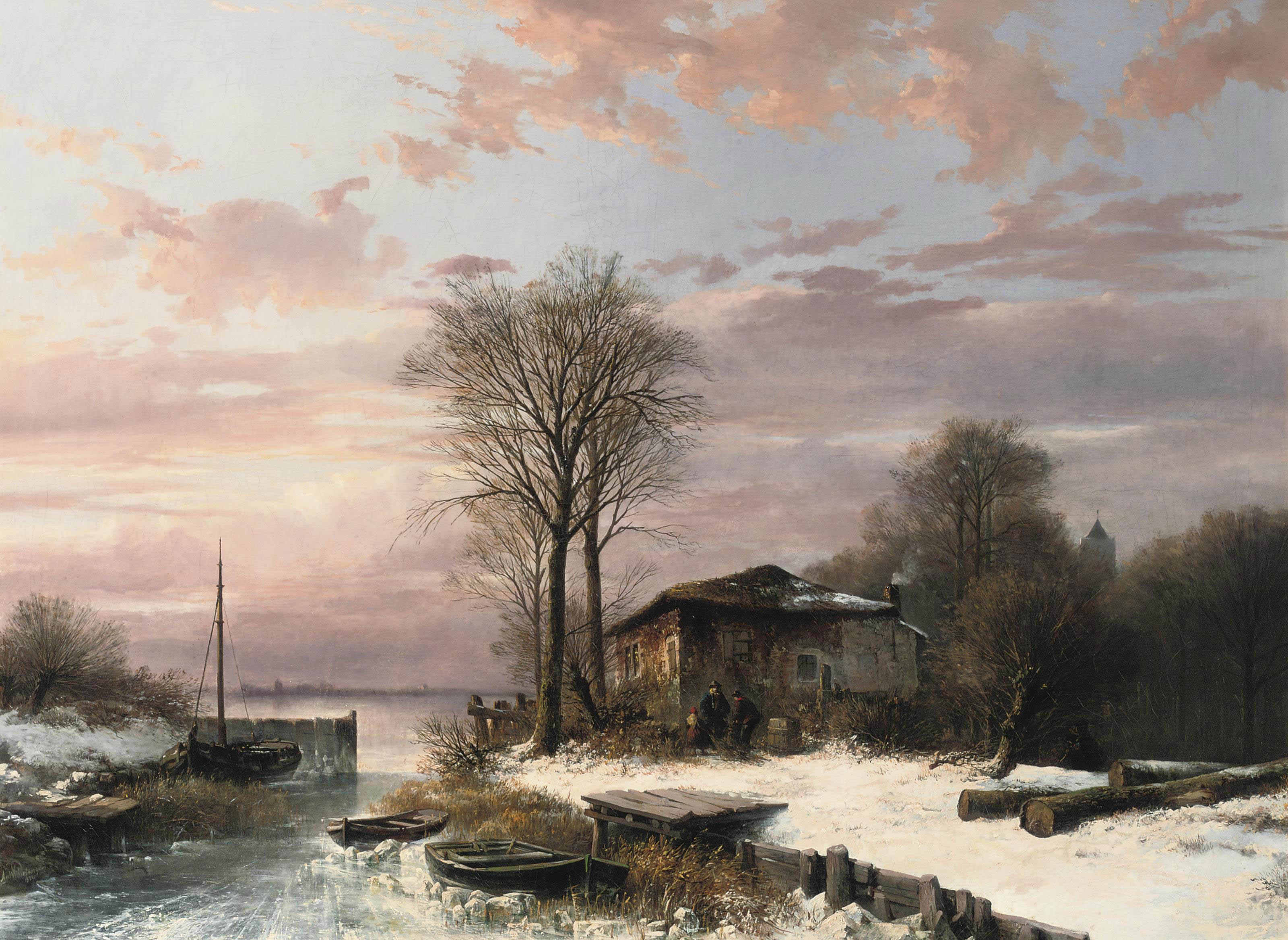 Abraham van der Wayen Pieterszen - A winter landscape with figures near a house on the frozen waterfront