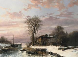 Abraham van der Wayen Pieterszen - A winter landscape with figures near a house on the frozen waterfront