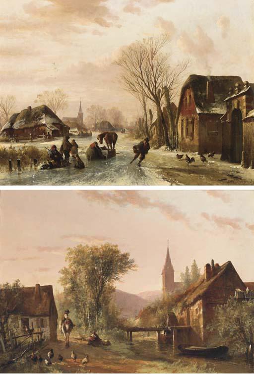 Abraham Van Der Wayen Pieterszen - Dusk At The Watermill In Summer; And Sportsmen On A Frozen River At Dusk In Winter