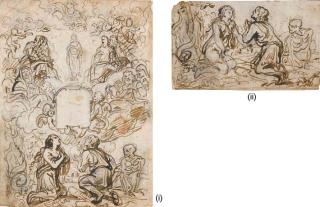 Abraham Van Diepenbeeck - Design For A Frontispiece: The Immaculate Conception, Flanked By The Assembly of Saints Above An Empty Cartouche, Adam And Eve Kneeling Below; And A Subsidiary Study of Adam And Eve