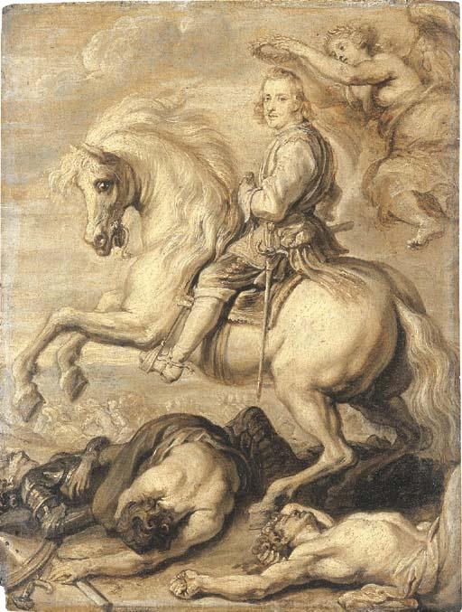 Abraham Van Diepenbeeck - Equestrian portrait of Cardinal Infante Ferdinand of Austria (1609-1641), Governor of the Spanish Netherlands, crowned by Victory on the battlefield, en grisaille