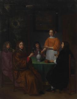 Abraham Van Dijck - A group of figures seated around a table with a maid