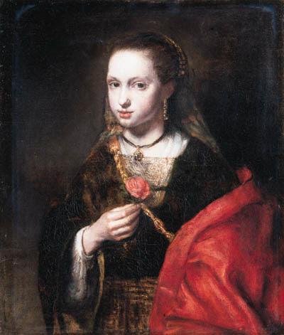 Abraham van Dijck - A young woman, small half-length, in a brown dress with a red mantle, a rose in her right hand