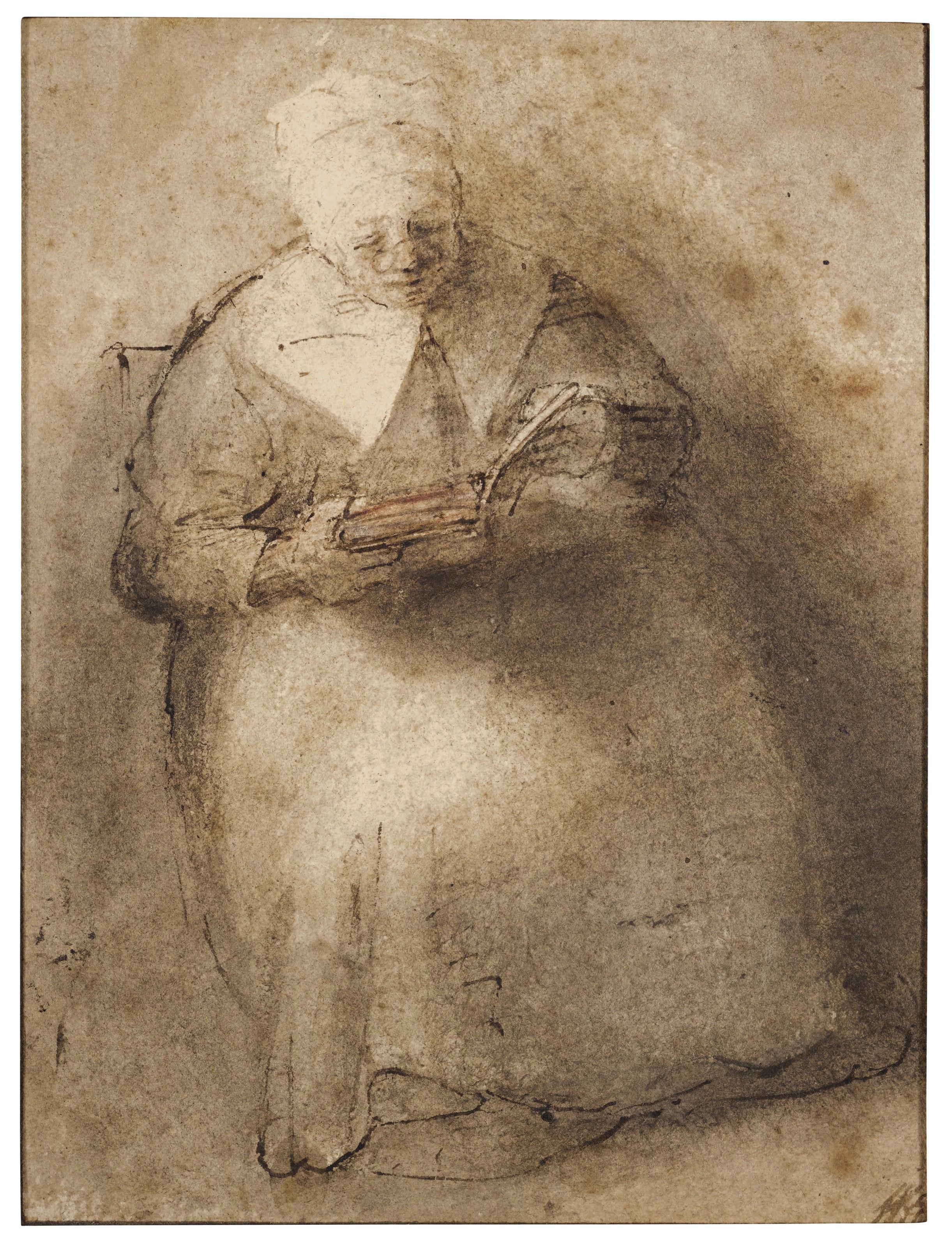 Abraham Van Dijck - An old woman reading (recto), Figure studies (verso)