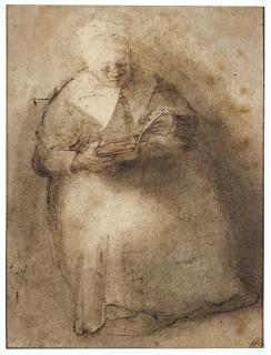 Abraham Van Dijck - An old woman reading (recto), Figure studies (verso)