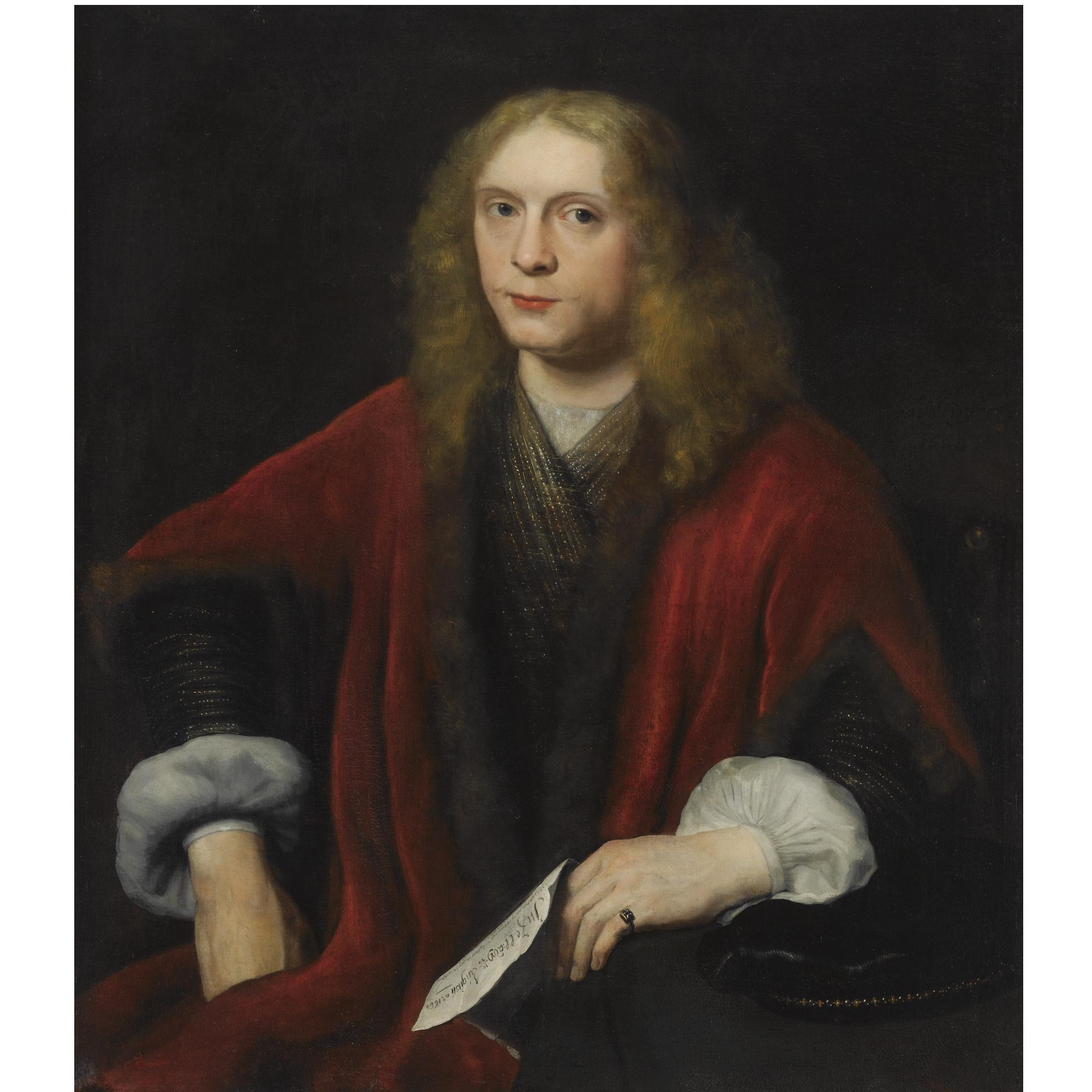 Abraham van Dijck - Portrait Of A Gentleman, Probably Johannes Van Zell (Born Circa 1620), Seated Half-Length, Wearing A Gold Embroidered Waistcoat And A Crimson Fur-Trimmed Coat, Holding A Letter