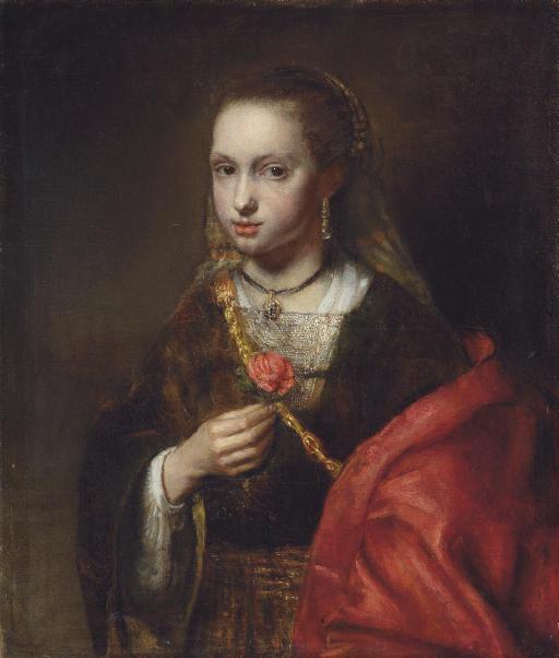 Abraham Van Dijck - Portrait Of A Lady, Half-Length, In A Black Dress And Red Shawl, Holding A Flower