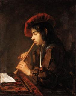 Abraham van Dyck - The Piping Boy: portrait of a youth, half-length seated, playing a pipe, in a slashed doublet and a red hat