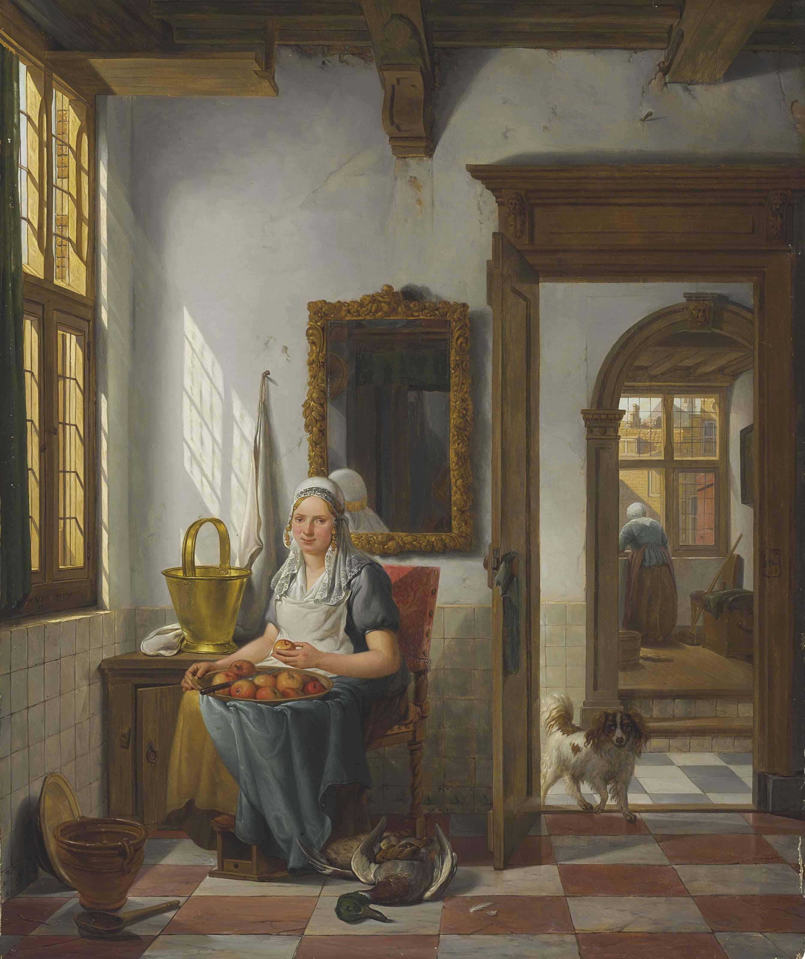 Abraham Van Strij I - An Interior With A Woman Peeling Apples